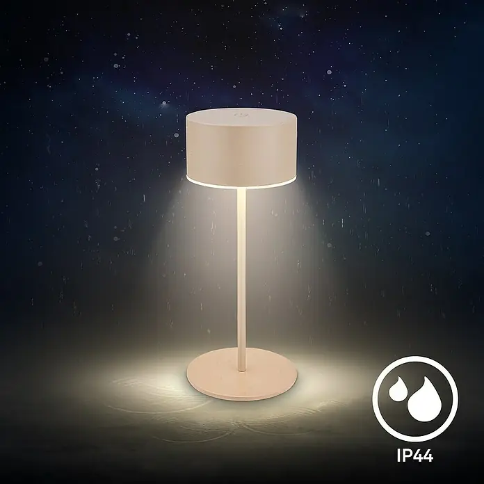 Brilo Akku-Tischleuchte Kira - Ø x H: 9 x 18 cm, Beige, Warmweiß, 1,5 W, IP44 - Die Tischleuchte mit dem Lampenschirm strahlt hell im dunkeln und ist mit IP44 wasserfest.