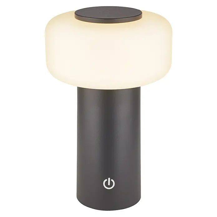 Brilo Akku-Tischleuchte Juna - Ø x H: 13 x 20,5 cm, Anthrazit, Warmweiß, 1,8 W, IP44 - Nahaufnahme einer modernen, kabellosen Tischleuchte mit sanftem, diffusem Licht und einem eleganten, dunklen Sockel.