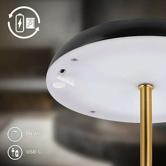 Brilo Akku-Tischleuchte Caxa - Ø x H: 19,5 x 30,5 cm, Schwarz, Warmweiß, 2,8 W, IP44 - Nahaufnahme einer kabellosen Tischleuchte mit LED, mit USB-C Anschluss und Akku, perfekt für jeden Raum.