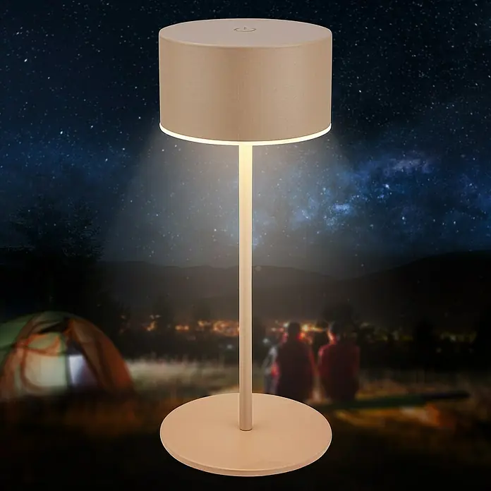Brilo Akku-Tischleuchte Kira - Ø x H: 9 x 18 cm, Beige, Warmweiß, 1,5 W, IP44 - Gemütliche Atmosphäre mit der beigen Tischleuchte. Ideal für Campingausflüge und entspannte Abende im Freien.