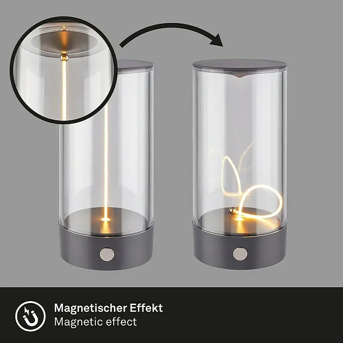 Brilo Akku-Tischleuchte Wiggle - Ø x H: 7 x 14,5 cm, Anthrazit, Warmweiß, 1,5 W, IP20 - Magnetische Tischleuchte mit transparentem Zylinder und Schalter. Der magnetische Effekt ermöglicht verschiedene Lichtformen im Inneren.