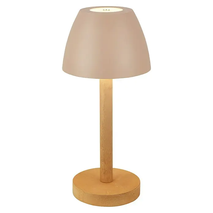 Brilo Akku-Tischleuchte Serina Wood - Ø x H: 13,5 x 20 cm, Beige, Warmweiß, 2,5 W, IP44 - Elegante Tischlampe mit rundem Schirm und Holzfuß. Die Lampe spendet warmes Licht und ist ein stilvolles Wohnaccessoire.