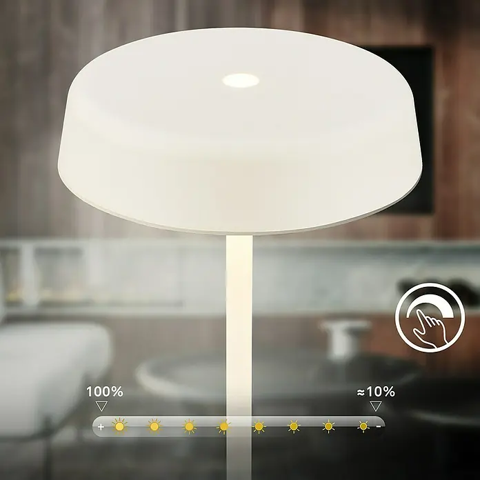 Brilo Akku-Tischleuchte Pala - Ø x H: 13 x 36,5 cm, Altweiß, Warmweiß, 2,6 W, IP44 - Schlichte Tischleuchte mit Touch-Dimmer zur Helligkeitsanpassung. Das sanfte Licht eignet sich perfekt für jeden Raum.