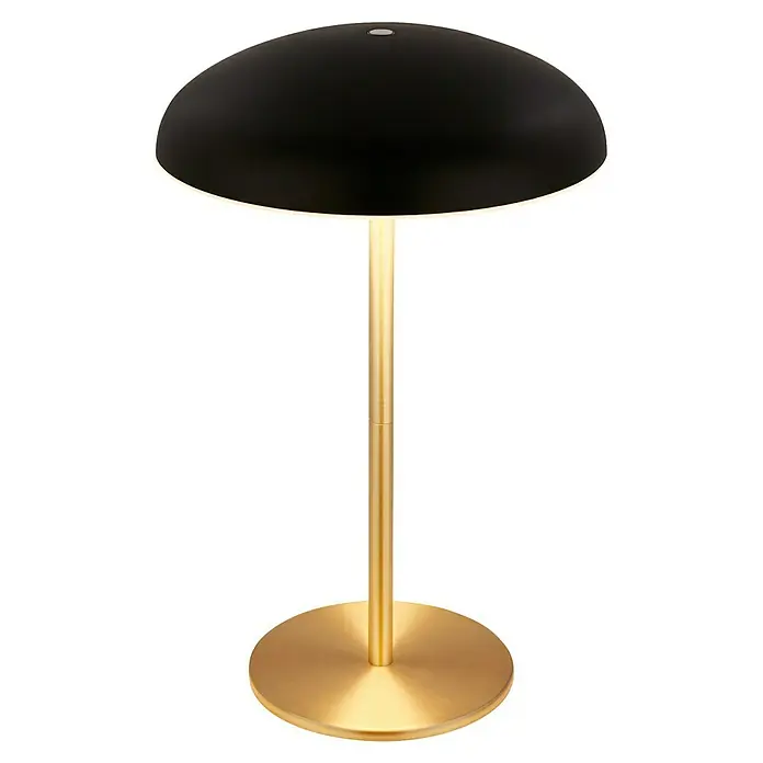 Brilo Akku-Tischleuchte Caxa - Ø x H: 19,5 x 30,5 cm, Schwarz, Warmweiß, 2,8 W, IP44 - Elegante Tischleuchte mit schwarzem Schirm und goldenem Ständer, die ein warmes Licht ausstrahlt und eine stilvolle Atmosphäre schafft.