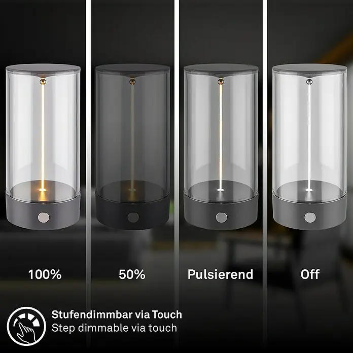 Brilo Akku-Tischleuchte Wiggle - Ø x H: 7 x 14,5 cm, Anthrazit, Warmweiß, 1,5 W, IP20 - Tischleuchte mit Touch-Dimmer Funktion. Sie wird in verschiedenen Stufen dargestellt, von 100% bis Aus.