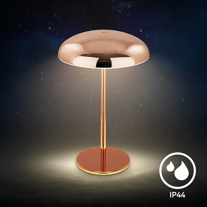 Brilo Akku-Tischleuchte Caxa - Ø x H: 19,5 x 30,5 cm, Kupfer, Warmweiß, 2,8 W, IP44 - Moderne Kupfer-Tischleuchte mit pilzförmigem Schirm, ideal für den Innen- und Außenbereich dank IP44-Schutz. Elegantes Design für jeden Raum.