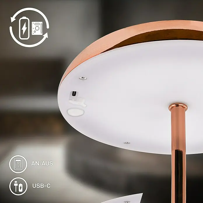 Brilo Akku-Tischleuchte Caxa - Ø x H: 19,5 x 30,5 cm, Kupfer, Warmweiß, 2,8 W, IP44 - Nahaufnahme einer LED-Lampe mit Akku und USB-C-Anschluss. Ein/Aus-Schalter ist vorhanden.