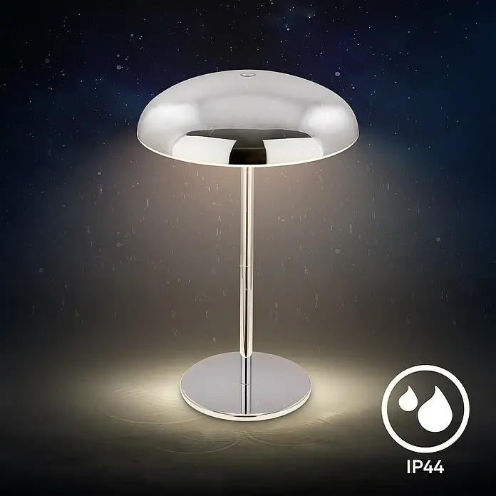 Brilo Akku-Tischleuchte Caxa - Ø x H: 19,5 x 30,5 cm, Chrom, Warmweiß, 2,8 W, IP44 - Eine elegante Tischleuchte in Chrom-Optik, die mit ihrem modernen Design und dem warmen Licht jeden Raum aufwertet. IP44 zertifiziert für Feuchträume.