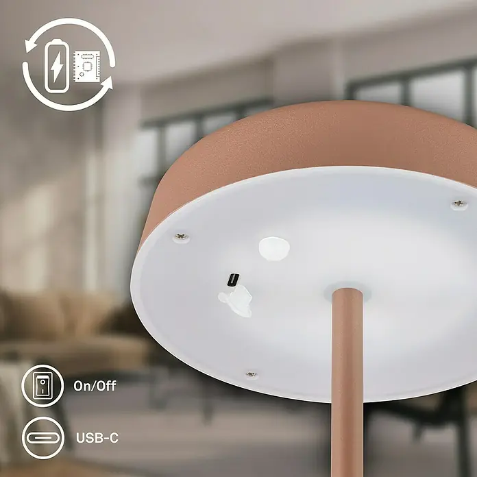 Brilo Akku-Tischleuchte Pala - Ø x H: 13 x 36,5 cm, Coffee, Warmweiß, 2,6 W, IP44 - Nahaufnahme einer Tischleuchte mit LED-Beleuchtung, USB-C-Anschluss und Ein/Aus-Schalter, die ein warmes, gemütliches Ambiente erzeugt.