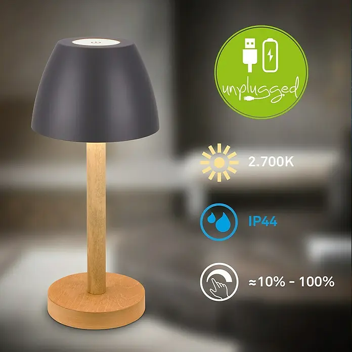 Brilo Akku-Tischleuchte Serina Wood - Ø x H: 13,5 x 20 cm, Anthrazit, Warmweiß, 2,5 W, IP44 - Bild einer modernen, dimmbaren LED-Tischleuchte mit Akku, ideal für den Innenbereich.