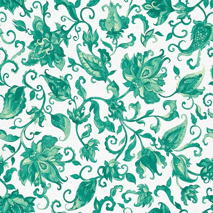Glööckler Pompöös Provence Vliestapete - Grau/Grün, Floral, 10,05 x 0,53 m - Grünes florales Stoffmuster mit üppigen Blättern und Blüten auf weißem Grund. Elegant und verspielt für verschiedene Anwendungen.