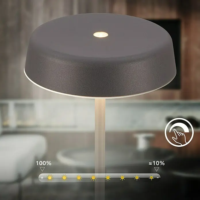 Brilo Akku-Tischleuchte Pala - Ø x H: 13 x 36,5 cm, Anthrazit, Warmweiß, 2,6 W, IP44 - Eine moderne, dimmbare Tischleuchte mit berührungsempfindlicher Steuerung und einstellbarer Helligkeit für eine stimmungsvolle Beleuchtung.