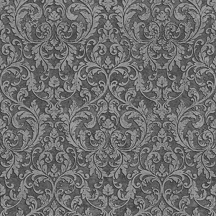 Glööckler Pompöös Provence Vliestapete - Anthrazit/Schwarz, Ornament, 10,05 x 0,53 m - Elegante graue Tapete mit detailreichem Damastmuster, ideal für stilvolle Raumgestaltung.