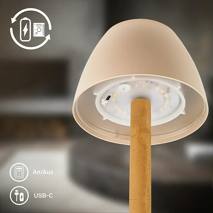 Brilo Akku-Tischleuchte Serina Wood - Ø x H: 13,5 x 20 cm, Beige, Warmweiß, 2,5 W, IP44 - Nahaufnahme einer beige-farbenen LED-Tischleuchte mit Akku, USB-C Anschluss und Ein/Aus-Schalter.