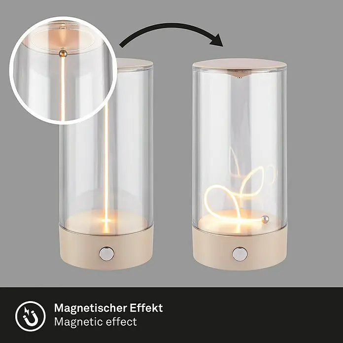 Brilo Akku-Tischleuchte Wiggle - Ø x H: 7 x 14,5 cm, Beige, Warmweiß, 1,5 W, IP20 - Bild einer magnetischen Tischleuchte mit transparentem Lampenschirm und beigefarbenem Sockel, die den magnetischen Effekt demonstriert.