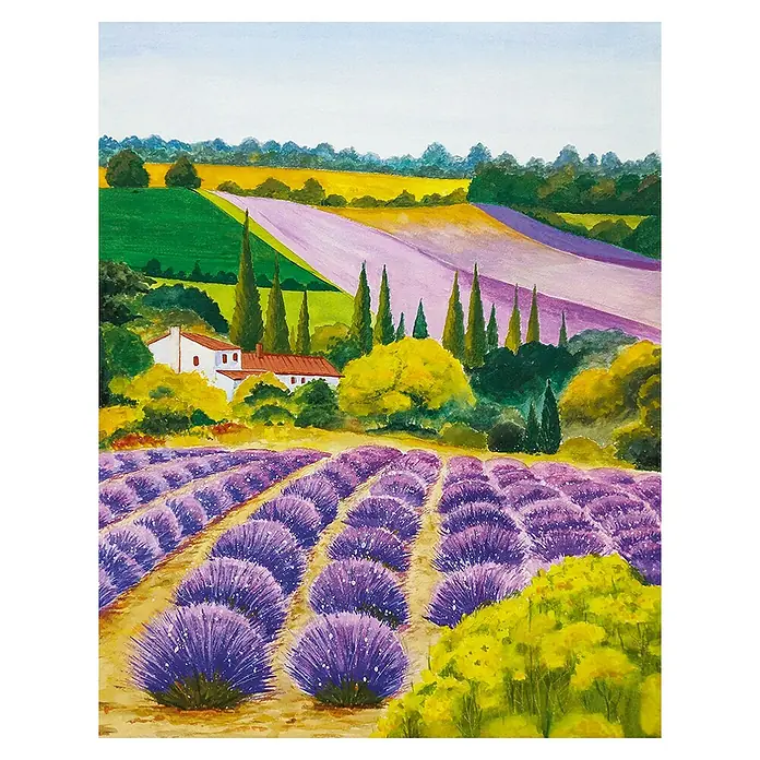 Glööckler Pompöös Provence Fototapete Malerische Lavendelfelder - B x L: 212 x 270 cm, Vlies - Aquarellmalerei einer Lavendelfarm mit lilafarbenen Blumenreihen, einem Haus und Feldern in verschiedenen Farben im Hintergrund.