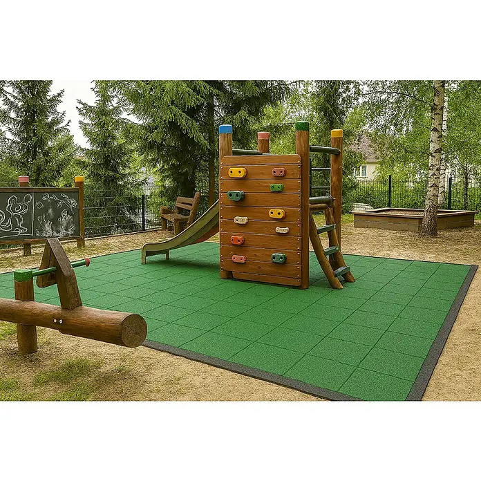 Fallschutzmatte Einfassung - Schwarz, 100 x 25 x 4 cm - Spielplatz mit Kletterwand, Rutsche, Schaukel und Sandkasten auf grünem Fallschutzboden.