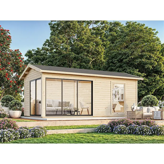 Palmako Gartenhaus Amanda Slide Plus - Außenmaß inkl. Dachüberstand (B x T): 639 x 340 cm, Tauchgrundiertes Holz, Natur - Die elegante Gartenlounge mit großen Glasschiebetüren und gemütlicher Sitzecke lädt zum Entspannen im Freien ein. Stilvolles Design für den Garten.
