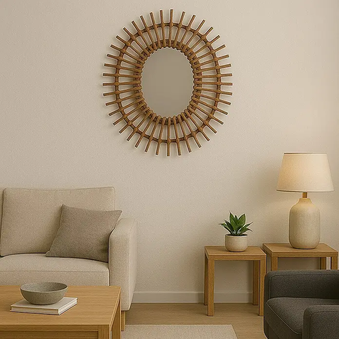 Espejo de pared Madera - 59 x 49 cm, Natural - La imagen muestra un espejo redondo con un marco de listones de madera que cuelga de una pared sobre un sofá en una sala de estar moderna.