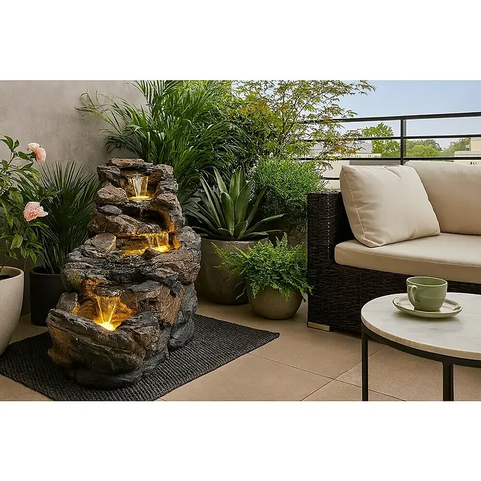 Fuente de jardín LED Chieti - 64 x 63 x 71,5 cm, Gris/Marrón - Fuente de roca de varios niveles con iluminación integrada, creando un ambiente relajante en el área exterior.
