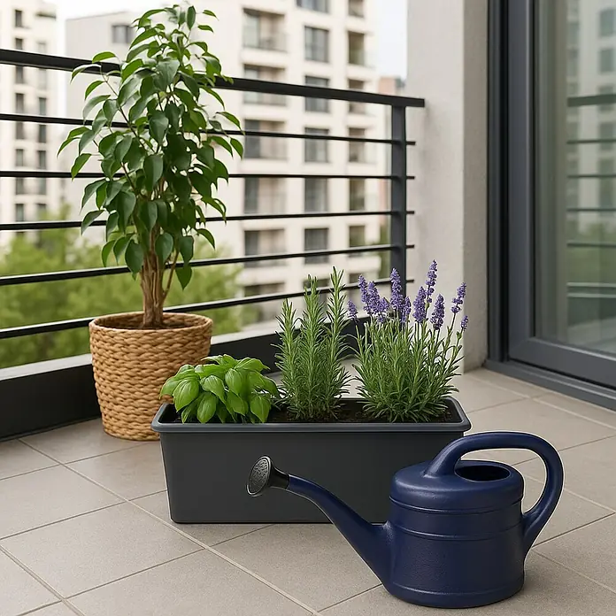 Geli Gießkanne - Blau, 2 l - Terrasse mit großem grünen Topfbaum, Kräutern in einem Topf und einer blauen Gießkanne. Perfekt für alle Gartenliebhaber.