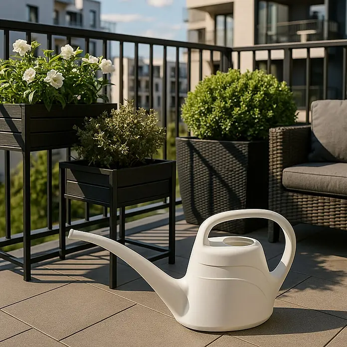Geli Eden Gießkanne - Weiß, 2 l - Nahaufnahme einer weißen Gießkanne auf einem sonnigen Balkon, umgeben von Pflanzen und modernen Möbeln.