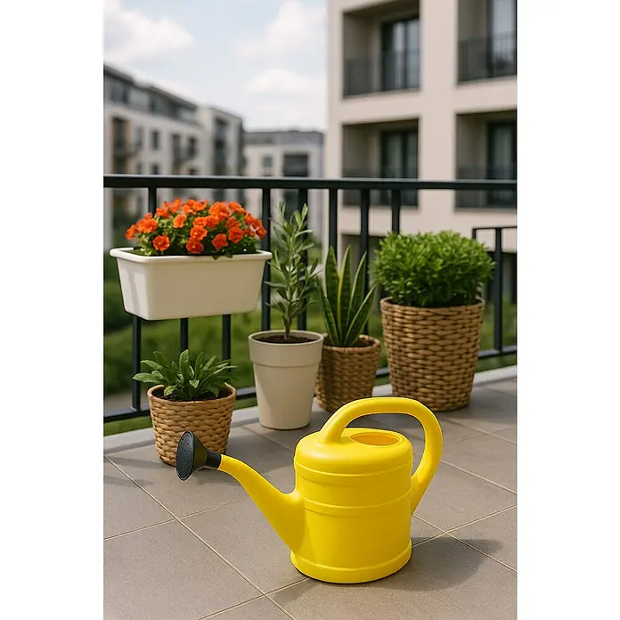 Geli Gießkanne - Gelb, 2 l - Gelbe Gießkanne auf einem Balkon mit Pflanzen. Ideal für die Gartenarbeit und die Bewässerung von Blumen.