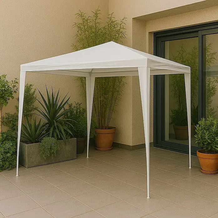 Sunfun Carpa tubular Sylt - An x Pr: 300 x 200 cm, Color del techo: Blanco - Una glorieta blanca en una terraza, rodeada de plantas, que ofrece protección exterior y sombra en el lugar.