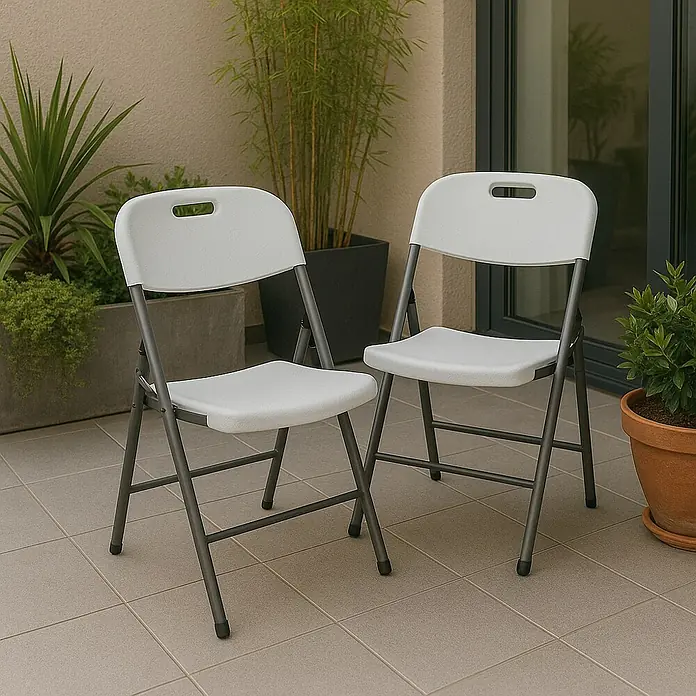 Silla de jardín Alan - 49 x 45 x 83 cm, Blanco roto, HDPE/Acero - Dos sillas plegables blancas con estructura gris situadas en un patio con plantas al fondo.