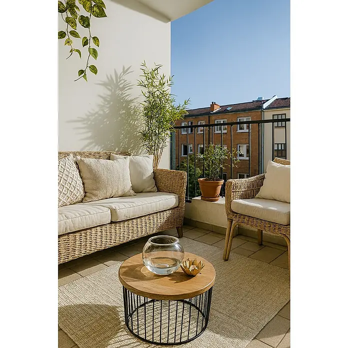 Jarrón Bolla - Ø x Al: 10 x 8 cm, Vidrio, Transparente - Balcón acogedor con muebles de ratán, mesa auxiliar con decoración y plantas para un ambiente relajante al aire libre.