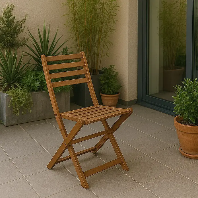 Silla de jardín Debora - An x Pr x Al: 47,5 x 54 x 87,5 cm, Natural - Vista superior de una silla plegable de madera para exterior, situada frente a una pared con plantas sobre baldosas.