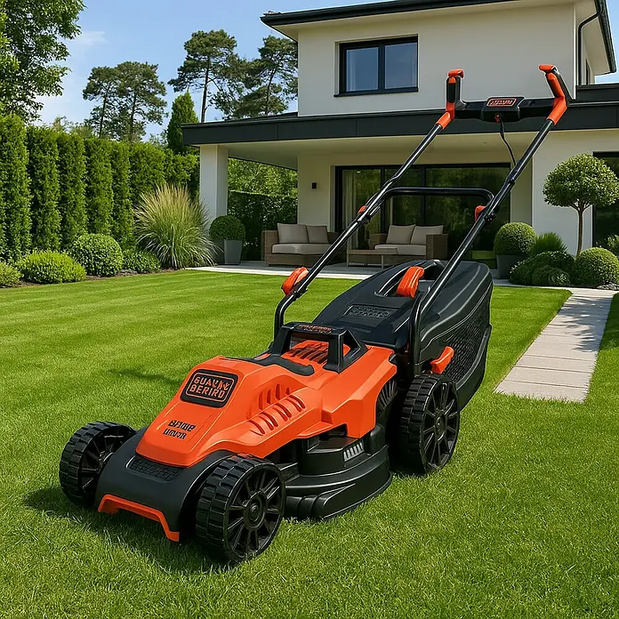 Black+Decker Cortacésped eléctrico BEMW471BH-QS - 1.600 W, Ancho de corte: 38 cm - Una cortadora de césped naranja y negra se encuentra en un césped verde frente a una casa moderna.