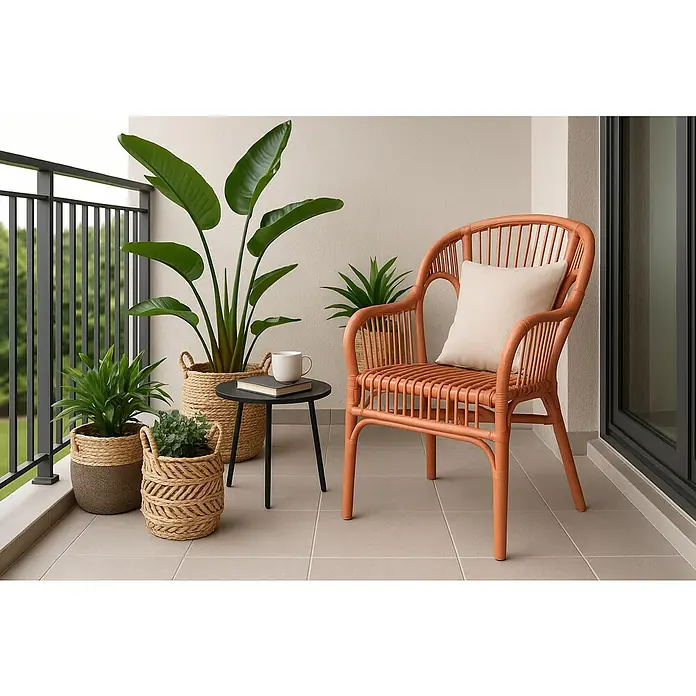 Sillón de jardín Maribel - An x Pr x Al: 58 x 57 x 77 cm, Terracota, Ratán natural - Un balcón soleado con una silla de mimbre, plantas y una pequeña mesa auxiliar. La silla invita a relajarse.