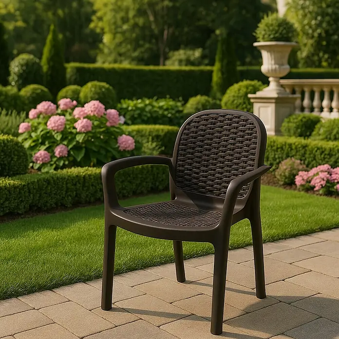 Silla de jardín Miranda - 50,5 x 58 x 83,5 cm, Wengué, Tecnopolímero, Fibra de vidrio, Apilable - Silla de plástico marrón con diseño de mimbre en el asiento y respaldo, ideal para jardín o patio.