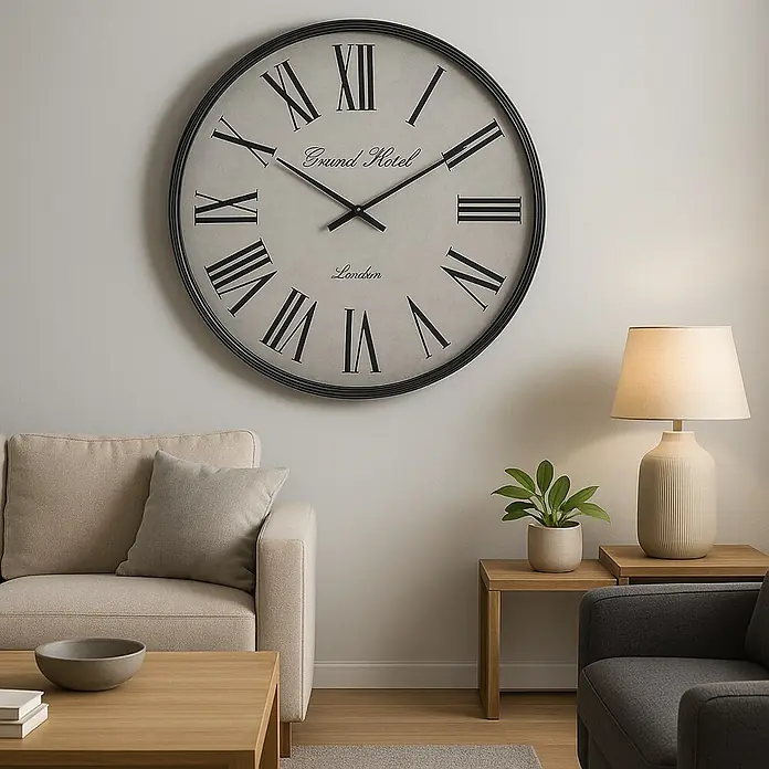 Reloj de pared borde negro - Diámetro: 76 cm, Negro - Un gran reloj de pared con números romanos y las palabras "Grand Hotel London" cuelga sobre un sofá beige y una mesa de madera.