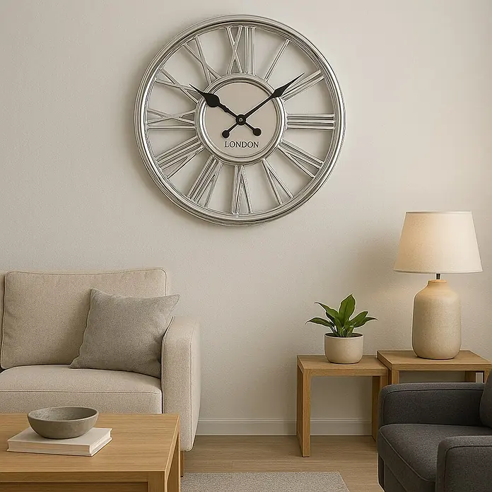 Reloj de pared con cristal - Diámetro: 44 cm, 44 x 44 cm, Plateado - Un reloj de pared plateado con números romanos y la palabra "London" cuelga sobre un sofá beige y una mesa con una lámpara.