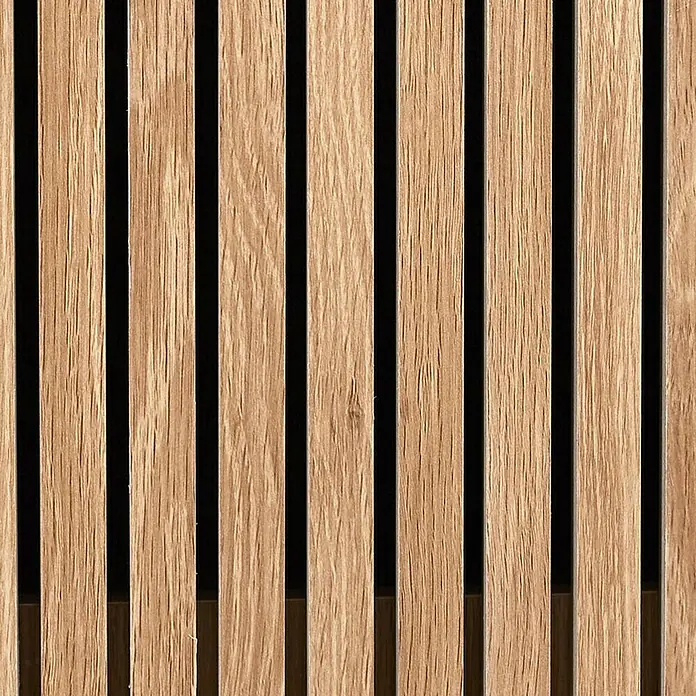 Home Deco Factory Klaus Mesa - L x An x Al: 50 x 100 x 43 cm, Madera, Diseño acanalado - Primer plano de paneles acústicos de madera con listones verticales y fondo oscuro, ofreciendo una estética moderna.