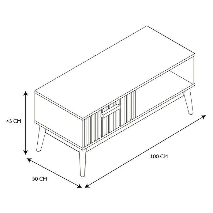 Home Deco Factory Klaus Conjunto mueble de salón - 3 pzs., Marrón, Diseño acanalado - Imagen de una cómoda con un cajón y un estante, que tiene una longitud de 100 cm, una anchura de 50 cm y una altura de 43 cm.