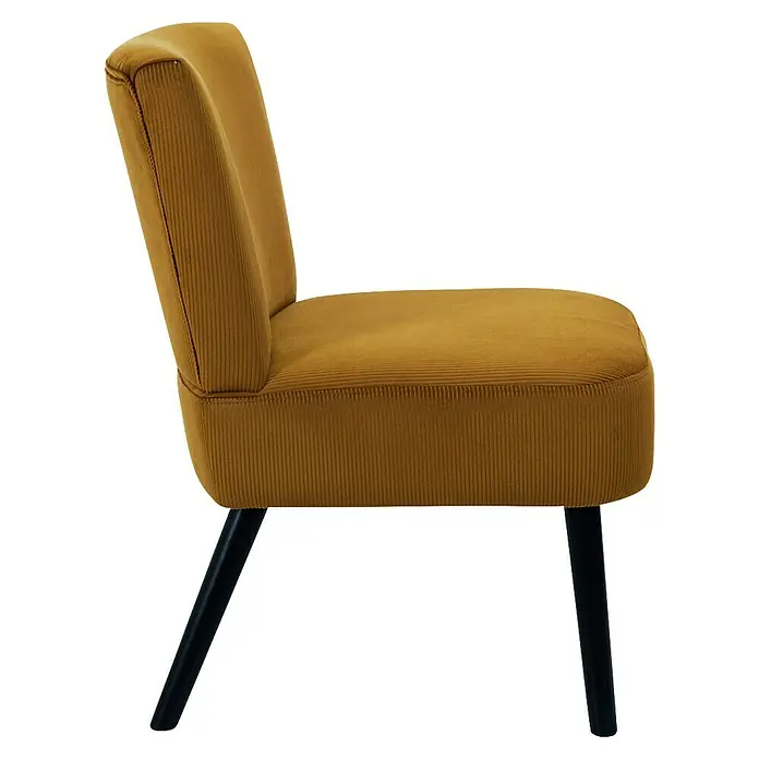 Home Deco Factory Giulia Silla - L x An x Al: 55 x 68 x 76 cm, Mostaza - Primer plano de una silla de pana amarilla mostaza con patas negras, que muestra una opción de asiento elegante y cómoda.