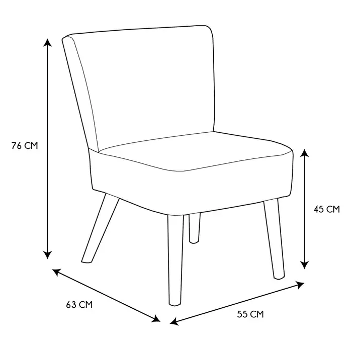 Home Deco Factory Giulia Silla - L x An x Al: 55 x 68 x 76 cm, Mostaza - Dibujo acotado de una elegante silla tapizada con líneas limpias y patas de madera esbeltas. Las medidas se indican con precisión.