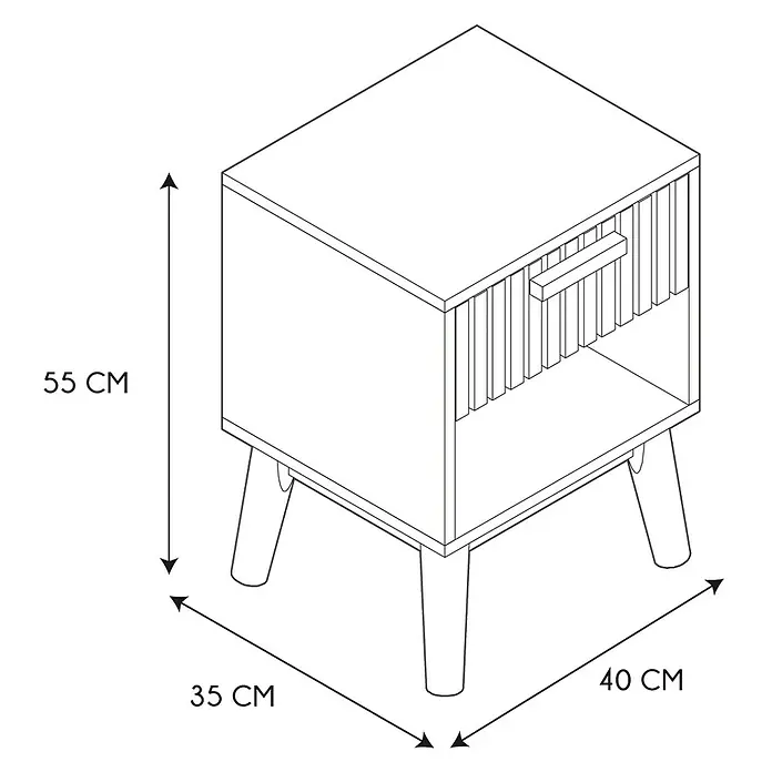 Home Deco Factory Klaus Cómoda con mesitas - 3 pzs., Marrón, Diseño acanalado - La imagen muestra una vista isométrica de una mesita de noche, que mide 55x35x40 cm. Elegante mueble para realzar la decoración de su dormitorio.