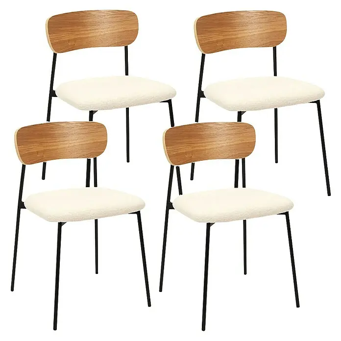 Home Deco Factory Silla Loki - Marrón/Blanco/Negro, 4 ud. - Cuatro sillas con respaldos de madera y asientos blancos y esponjosos sobre patas metálicas negras, ideales para comedor o cocina.