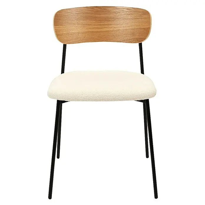 Home Deco Factory Silla Loki - Marrón/Blanco/Negro, 4 ud. - Este elegante taburete de bar, con un asiento de peluche claro y respaldo de madera sobre una estructura de metal negro, combina confort y diseño moderno.