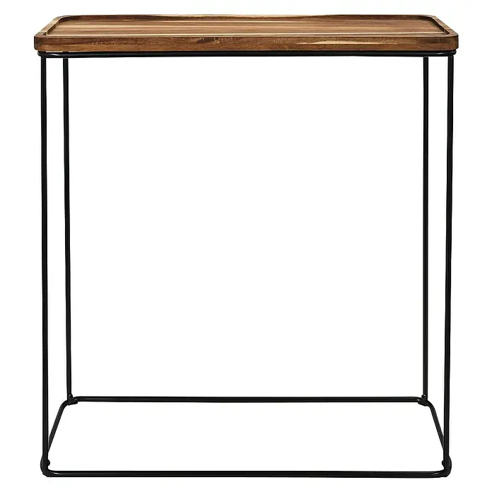 Home Deco Factory Mesa auxiliar Acacia - L x An: 30 x 80 cm, Marrón/Negro - Mesa auxiliar con una tapa de madera y una estructura metálica negra elegante con una bandeja inferior para más espacio.