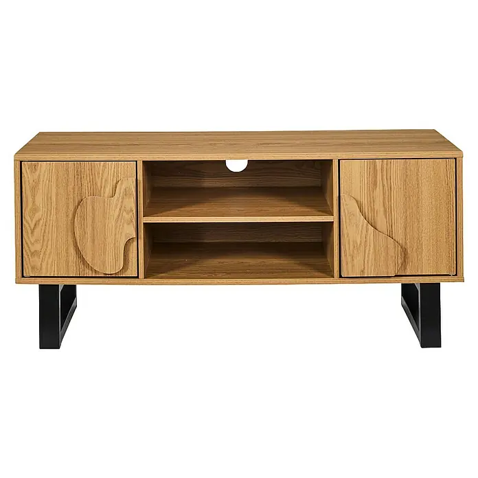 Home Deco Factory Calypso Mueble para TV - L x An x Al: 40 x 110 x 48 cm, Marrón/Negro, Relieves curvos - Elegante mueble de TV de madera clara con tiradores únicos y estantes abiertos, perfecto para tu salón.