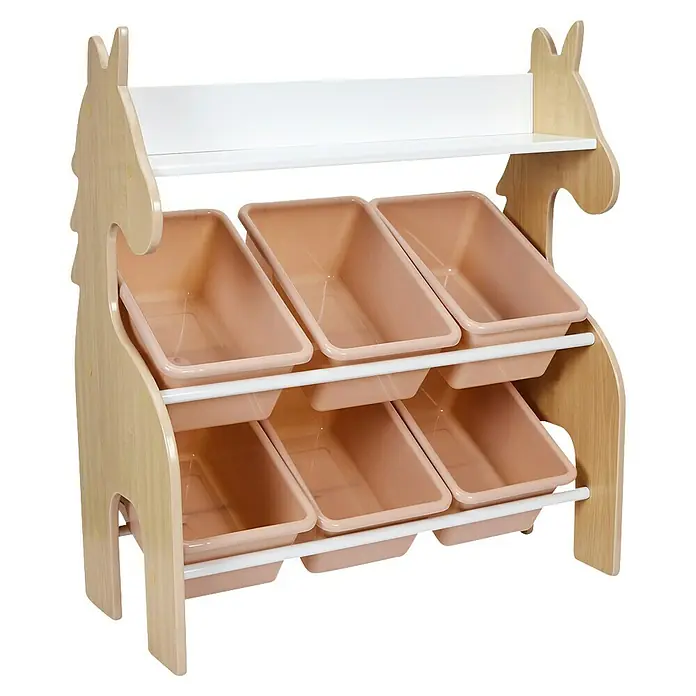 Home Deco Kids Organizador Unicornio - Número de compartimentos: 6 ud., Rosa/Blanco/Madera, Específico para: Niños de 3 a 8 años - Estantería con seis contenedores rosas con forma de caballo para guardar juguetes y otros objetos pequeños.