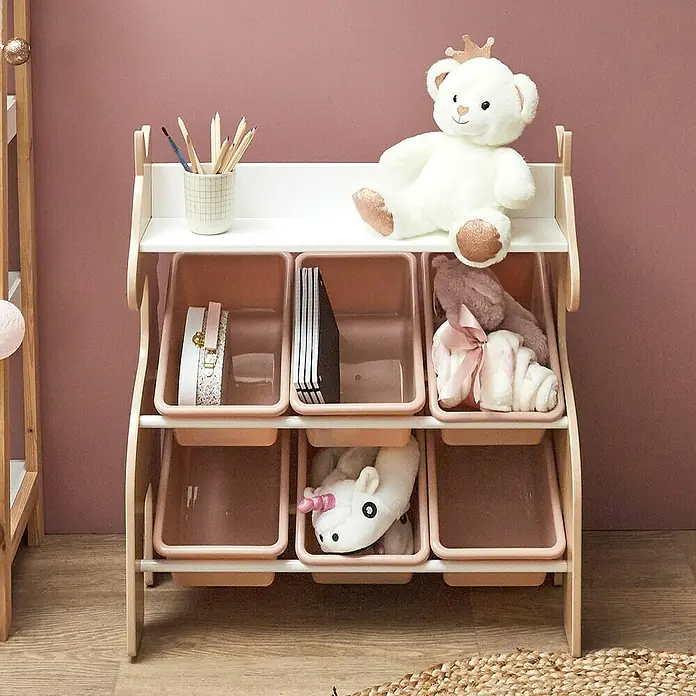 Home Deco Kids Organizador Unicornio - Número de compartimentos: 6 ud., Rosa/Blanco/Madera, Específico para: Niños de 3 a 8 años - Unidad de almacenamiento con seis contenedores rosas. El estante cuenta con juguetes como un unicornio, un osito de peluche y lápices de colores.