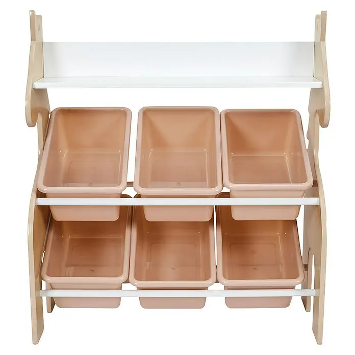 Home Deco Kids Organizador Unicornio - Número de compartimentos: 6 ud., Rosa/Blanco/Madera, Específico para: Niños de 3 a 8 años - Organizador de juguetes con seis contenedores rosas en dos niveles y un estante en la parte superior. Ideal para habitaciones infantiles.