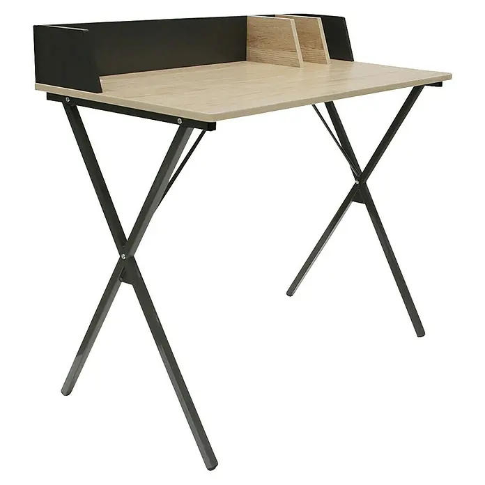 Home Deco Factory Mesa de escritorio - L x An x Al: 50 x 90 x 85 cm, Negro/Madera - Escritorio moderno con acabado de madera clara y detalles en negro, ideal para estudio u oficina en casa. La estructura metálica en forma de X aporta estabilidad.
