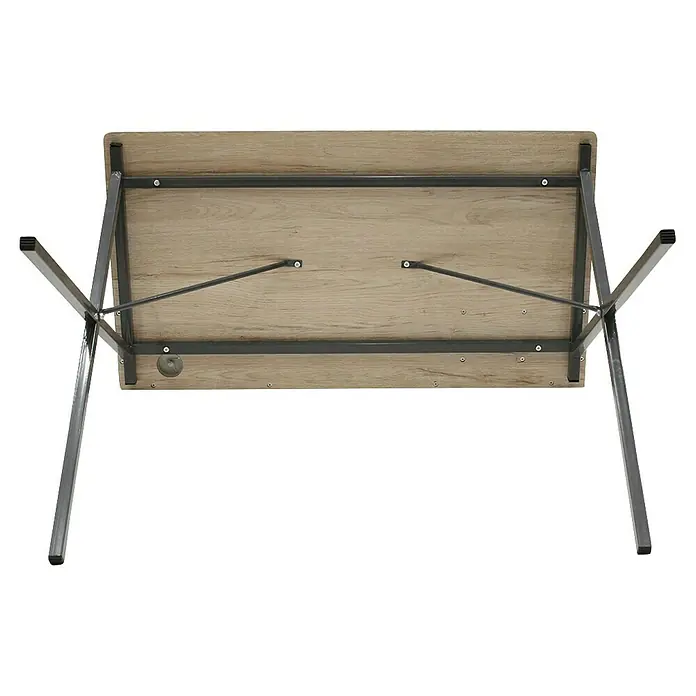 Home Deco Factory Mesa de escritorio - L x An x Al: 50 x 90 x 85 cm, Negro/Madera - Vista inferior de una mesa plegable con tablero de madera y estructura metálica. El mueble es funcional y ahorra espacio.